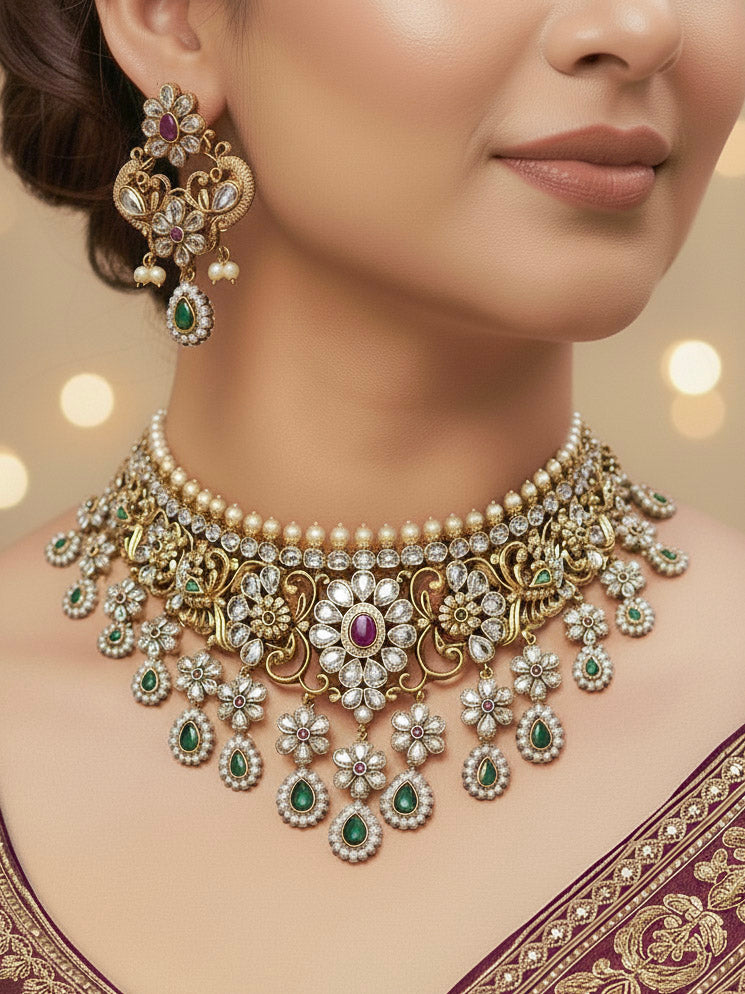 Woman wearing a gold American Diamond choker necklace set with matching earrings