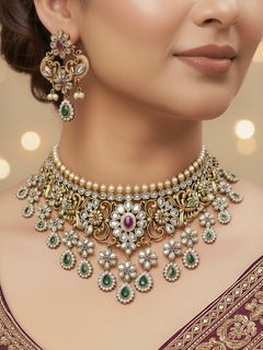 Woman wearing a gold American Diamond choker necklace set with matching earrings